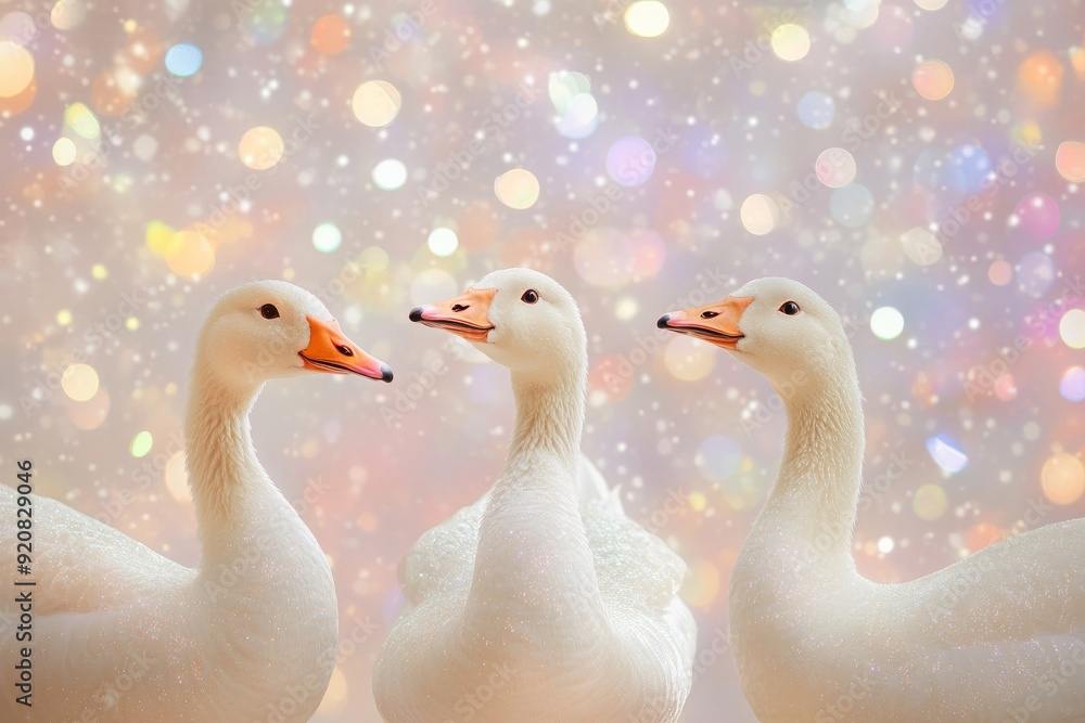 Obraz premium Three magic geese with a sparkling backdrop behind them, art background, poster
