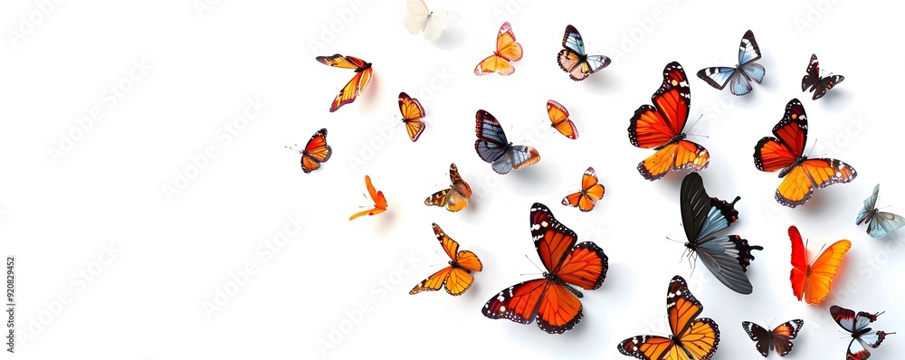 Fototapeta premium Colorful Butterflies in Flight Against a White Background