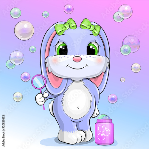 Cute cartoon rabbit blowing bubbles. Vector illustration of animal on the colorful background.