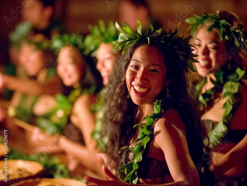 A group of women wearing leis and smiling. Scene is happy and joyful photo