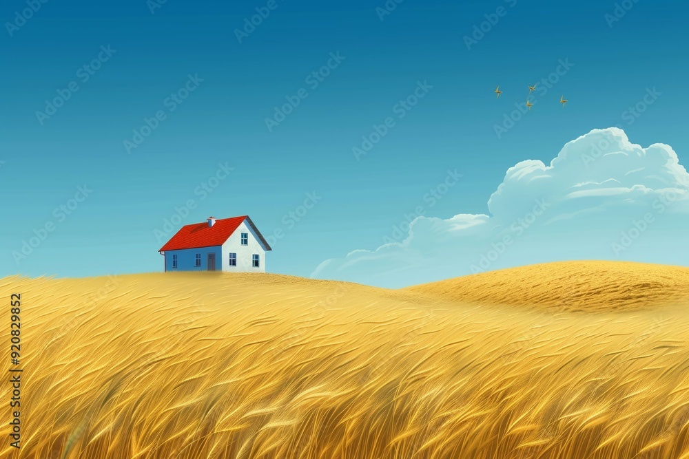 Landscape with an old village house standing in a field with autumn-yellowed grasses against a cloudy sky. Rural area.. Beautiful simple AI generated image in 4K, unique. Landscape with an old village house standing in a field with autumn-yellowed grasses against a cloudy sky. Rural area.. Beautiful simple AI generated image in 4K, unique.
