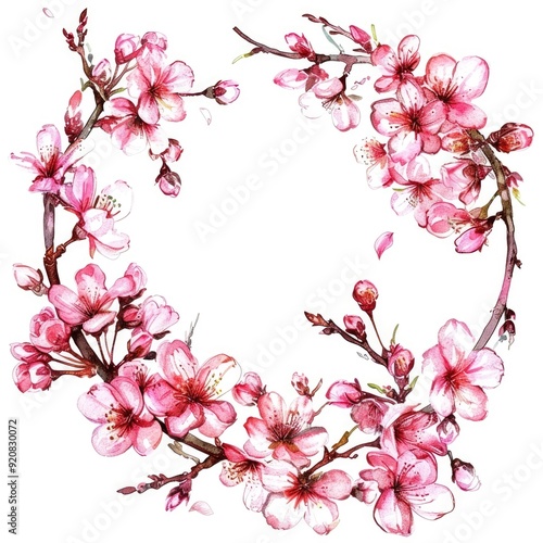 Pink Sakura Blossom Frame. Watercolor Illustration of Flowering Cherry Tree in Spring