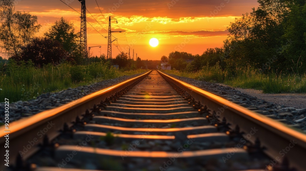 Railway track in the evening in sunset. Track railway train for transportation, Rail road Railway track in the evening in sunset. Track railway train for transportation, Rail road