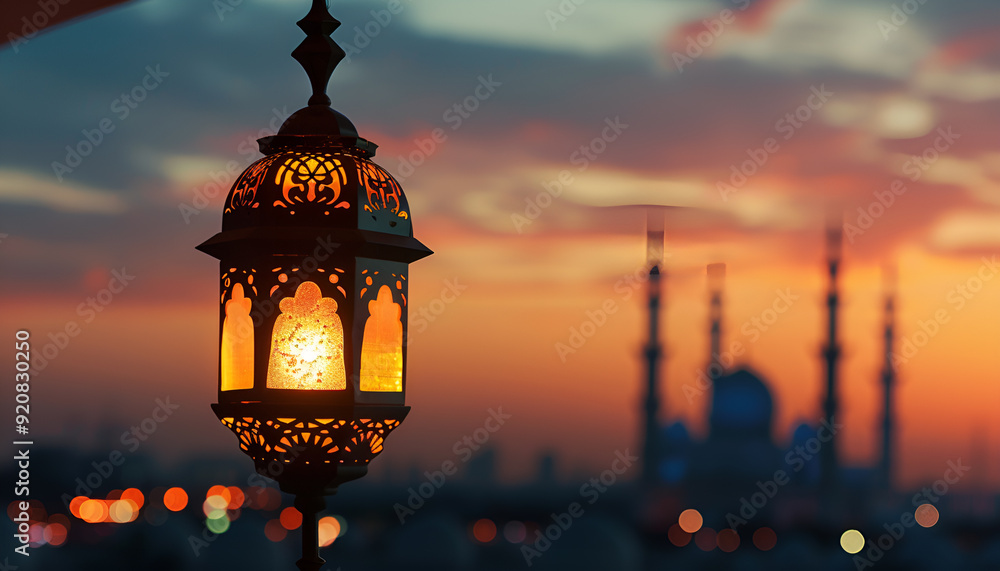 Illuminated lamp of Ramadan Kareem Lantern with serene mosque background Illuminated lamp of Ramadan Kareem Lantern with serene mosque background