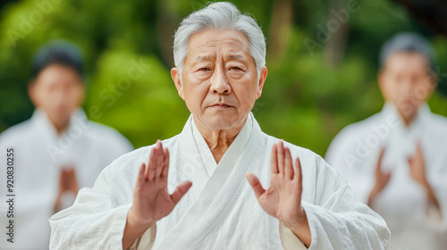 Kung Fu Master in Action A captivating image showcasing an experienced Kung Fu master demonstrating his skill and focus in a powerful stance emphasizing discipline strength, and the art of martial art