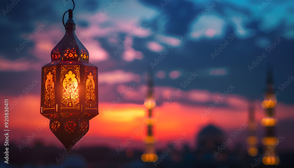 Illuminated lamp of Ramadan Kareem Lantern with serene mosque background Illuminated lamp of Ramadan Kareem Lantern with serene mosque background