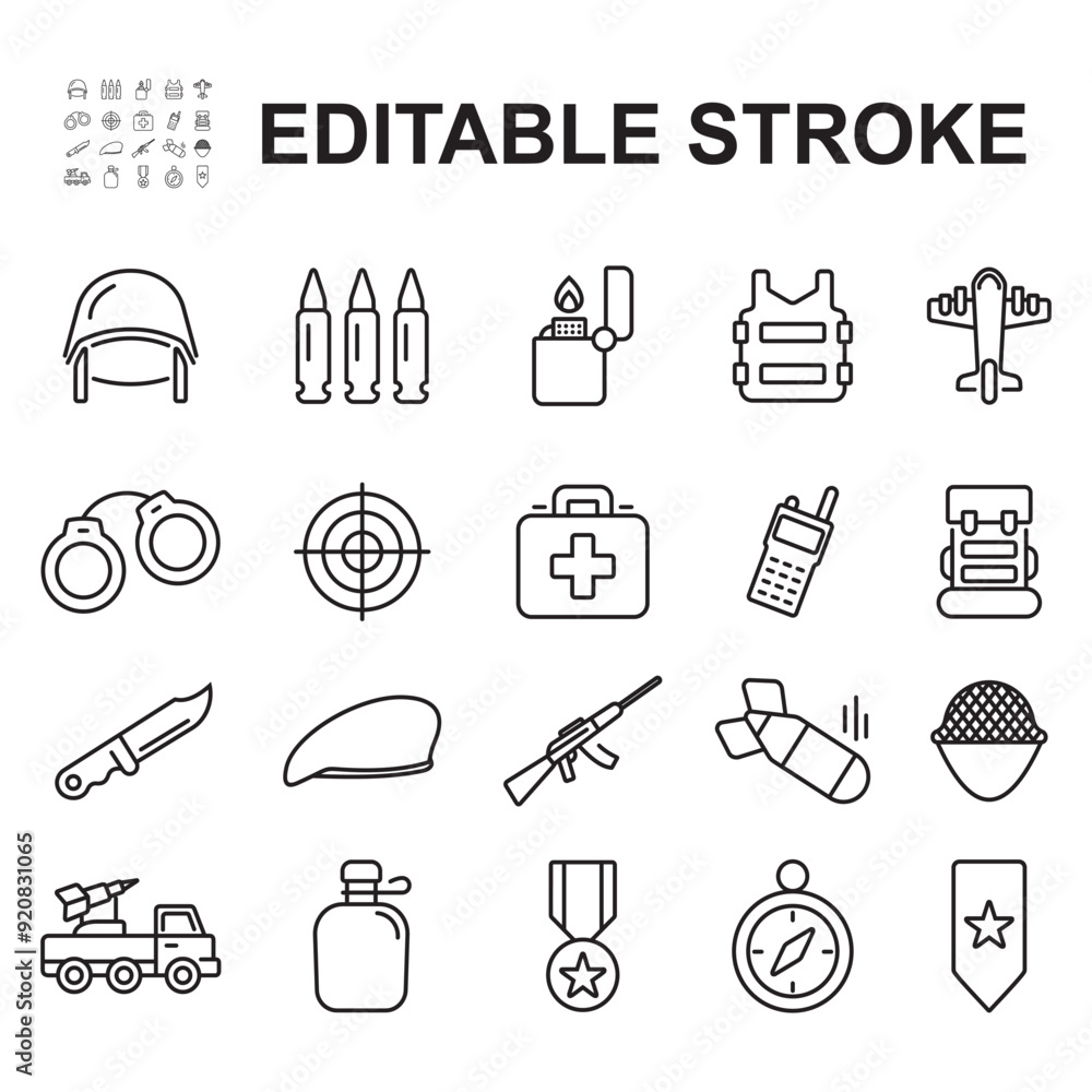 Military and army icons. Contains icons such as bullets, military helmets, fighter planes and many more. Icon illustration made of thin line style. Military and army icons. Contains icons such as bullets, military helmets, fighter planes and many more. Icon illustration made of thin line style.