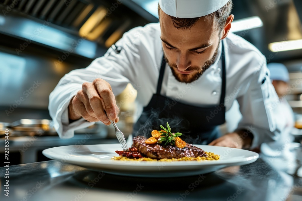A chef in a white uniform and hat garnishes a plate with precise detail and concentration in a professional kitchen, emphasizing the importance of presentation in culinary arts. A chef in a white uniform and hat garnishes a plate with precise detail and concentration in a professional kitchen, emphasizing the importance of presentation in culinary arts.