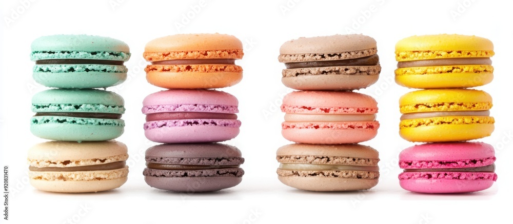 A stack of colorful macarons arranged in the shape of two E's, set against a white background. A stack of colorful macarons arranged in the shape of two E's, set against a white background.