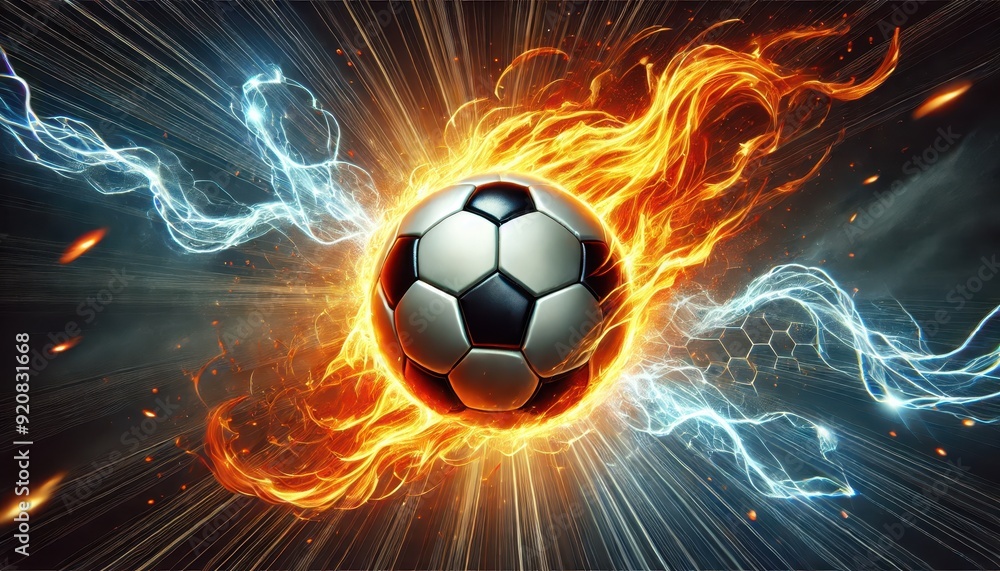 Naklejka premium Soccer Ball in Flames: A fiery, energetic and passionate depiction of a soccer ball engulfed in flames, symbolizing the intensity and passion of the sport