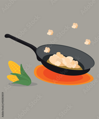 Illustration with Corn and PopCorn  at Frying Pan