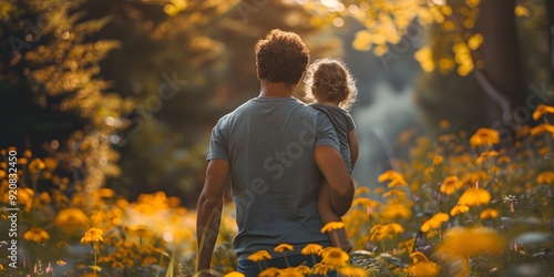 Father and Child in a Flower Garden, Celebrating Bond in a Single-Parent Family