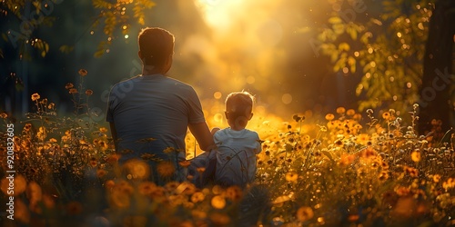 Father and Child in a Flower Garden, Celebrating Bond in a Single-Parent Family