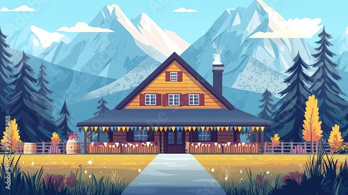 Alpine lodge decorated for Oktoberfest, mountains in the background, flat design illustration