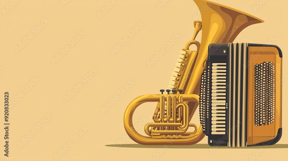 Naklejka premium Bavarian music instruments, accordion and tuba, Oktoberfest theme, flat design illustration