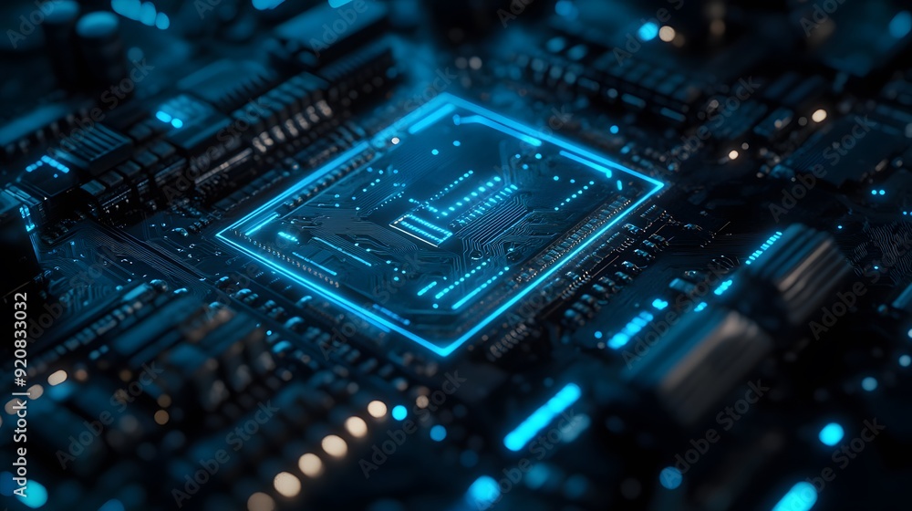 Cyberpunk circuit board, AI chip, blue neon glow, intricate microprocessor details, futuristic technology, electric blue highlights, depth of field, dark background. Cyberpunk circuit board, AI chip, blue neon glow, intricate microprocessor details, futuristic technology, electric blue highlights, depth of field, dark background.