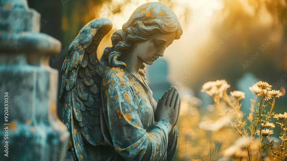 Fototapeta premium Image with background and place for caption and fragment of tragic sad angel statue at the cemetery. Funeral ceremony
