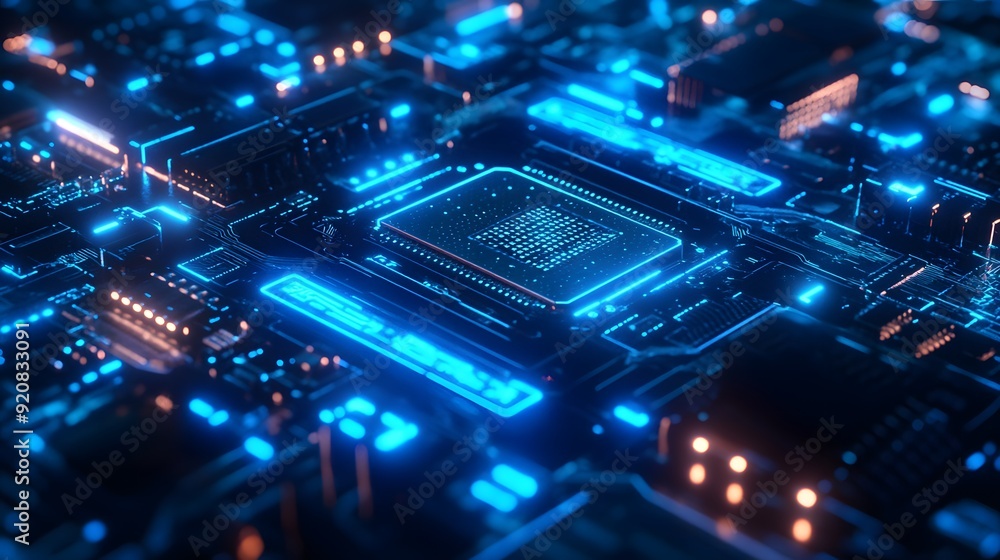 Cyberpunk circuit board, AI chip, blue neon glow, intricate microprocessor details, futuristic technology, electric blue highlights, depth of field, dark background. Cyberpunk circuit board, AI chip, blue neon glow, intricate microprocessor details, futuristic technology, electric blue highlights, depth of field, dark background.