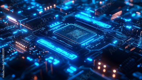 Cyberpunk circuit board, AI chip, blue neon glow, intricate microprocessor details, futuristic technology, electric blue highlights, depth of field, dark background.