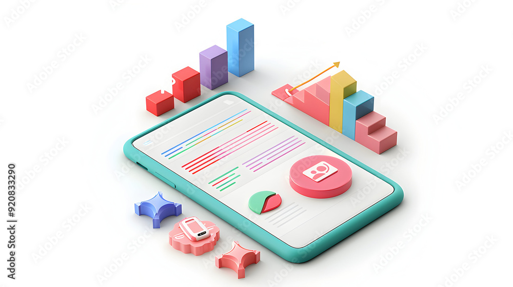 3D Flat Icon: Phone with Savings Tracker App on White Background 3D Flat Icon: Phone with Savings Tracker App on White Background