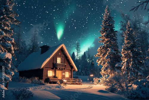 Hütte im verschneiten Wald mit Polarlichter