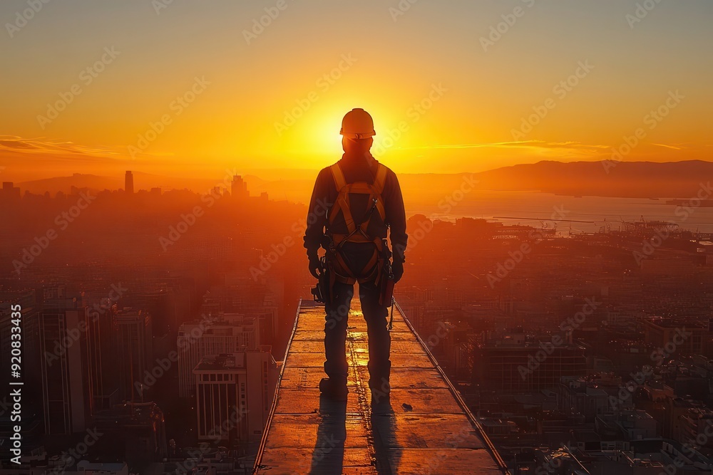 construction worker balancing on steel beam high above cityscape dramatic perspective golden hour light bathes scene construction worker balancing on steel beam high above cityscape dramatic perspective golden hour light bathes scene