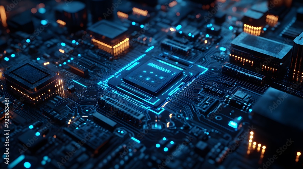 Cyberpunk circuit board, AI chip, blue neon glow, intricate microprocessor details, futuristic technology, electric blue highlights, depth of field, dark background. Cyberpunk circuit board, AI chip, blue neon glow, intricate microprocessor details, futuristic technology, electric blue highlights, depth of field, dark background.