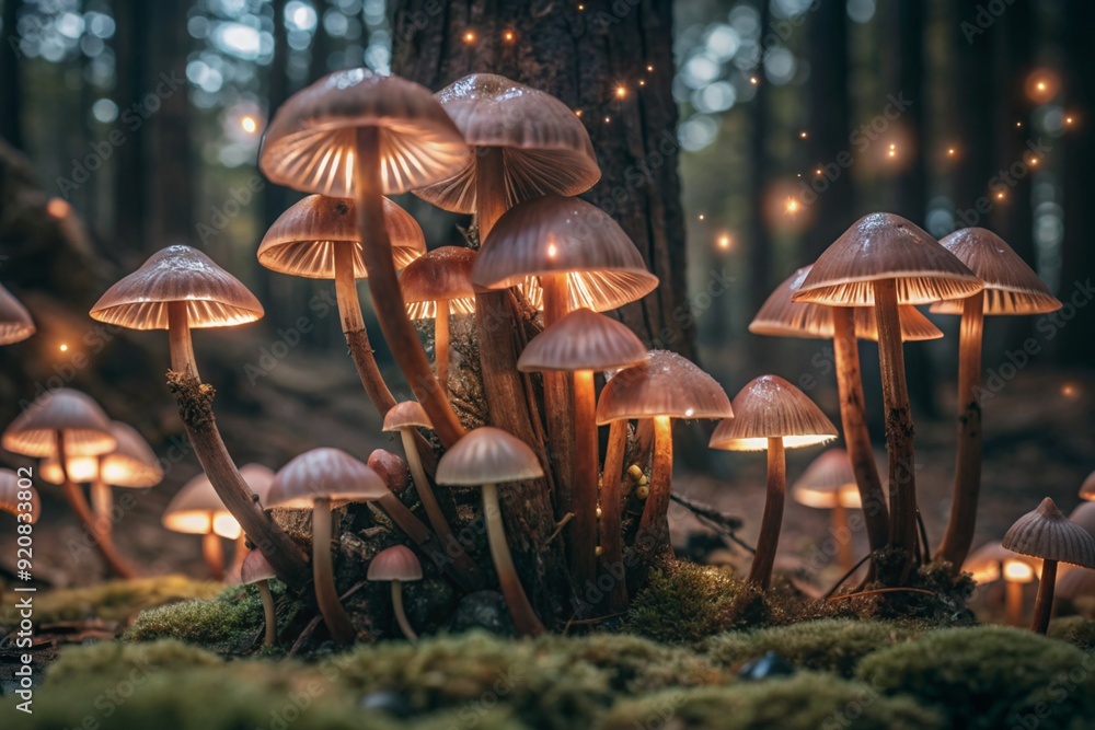 Fototapeta premium Poisonous mushrooms. Toadstools. Hallucinogenic mushrooms. Glowing mushrooms. An image to illustrate themes related to nature, fantasy, fairy tales and magic.