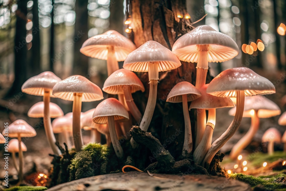 Fototapeta premium Poisonous mushrooms. Toadstools. Hallucinogenic mushrooms. Glowing mushrooms. An image to illustrate themes related to nature, fantasy, fairy tales and magic.