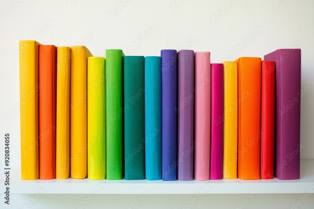 A stack of perfectly aligned rainbow-colored books on a white shelf. A stack of perfectly aligned rainbow-colored books on a white shelf.