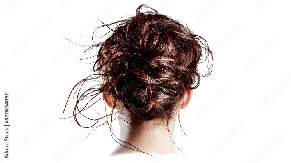 Naklejka premium Alluring Messy Bun with Wispy Tendrils Framing the Face on White Background