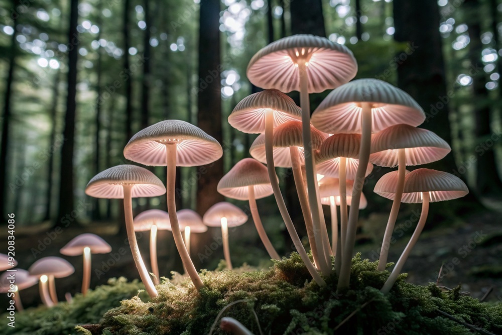 Fototapeta premium Poisonous mushrooms. Toadstools. Hallucinogenic mushrooms. Glowing mushrooms. An image to illustrate themes related to nature, fantasy, fairy tales and magic.