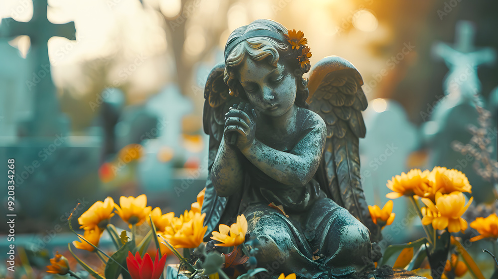 Image with background and place for caption and fragment of tragic sad angel statue at the cemetery. Funeral ceremony Image with background and place for caption and fragment of tragic sad angel statue at the cemetery. Funeral ceremony