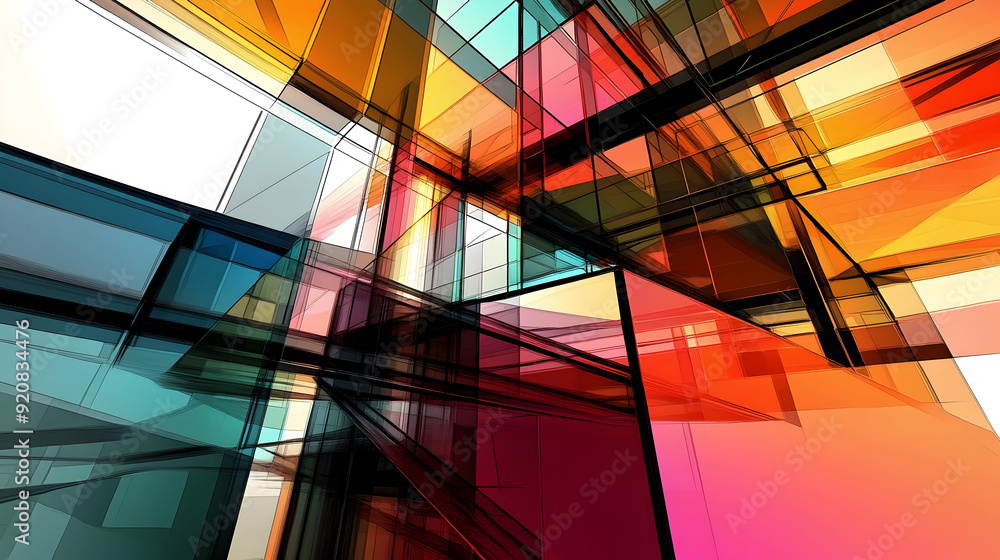 Modern Architecture Abstract with Intersecting Planes and Vivid Colors: An illustration showcasing modern architecture characterized by intersecting planes and vibrant hues, creating an abstract Modern Architecture Abstract with Intersecting Planes and Vivid Colors: An illustration showcasing modern architecture characterized by intersecting planes and vibrant hues, creating an abstract