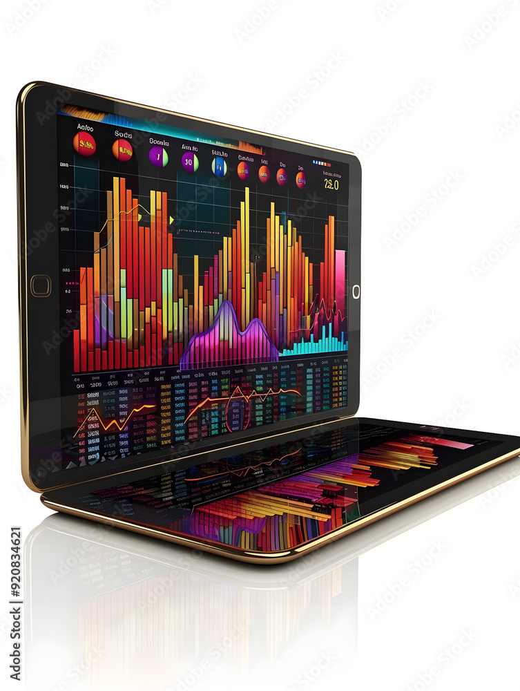 3D Flat Icon of Tablet Showing Financial Chart Interface on Plain Background for Additional Content. 3D Flat Icon of Tablet Showing Financial Chart Interface on Plain Background for Additional Content.