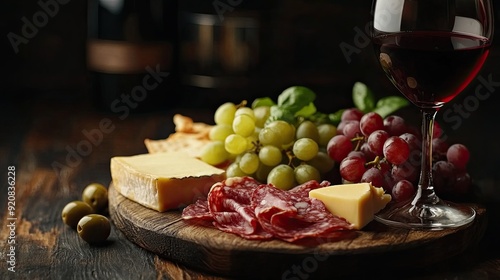 Antipasto platter with cheese, meat, grapes, and olives on a wooden board, paired with red wine, offering a perfect culinary setup with advertising space.