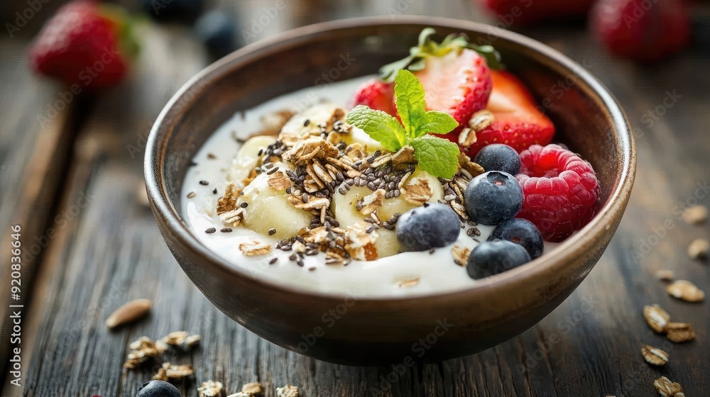 Breakfast bowl filled with fruits, seeds, and yogurt on a wooden table, captured in a close-up shot, highlighting the textures and colors of the meal. Breakfast bowl filled with fruits, seeds, and yogurt on a wooden table, captured in a close-up shot, highlighting the textures and colors of the meal.