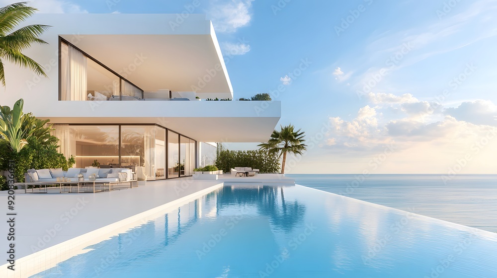 Fototapeta premium Luxurious Mediterranean villa, infinity pool overlooking ocean, pristine white architecture, azure blue sky with fluffy white clouds, palm trees, panoramic sea view, sunlit terrace, modern outdoor fur