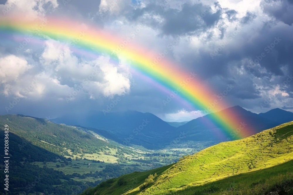 A vibrant rainbow emerging from dark clouds over a lush, green valley. A vibrant rainbow emerging from dark clouds over a lush, green valley.