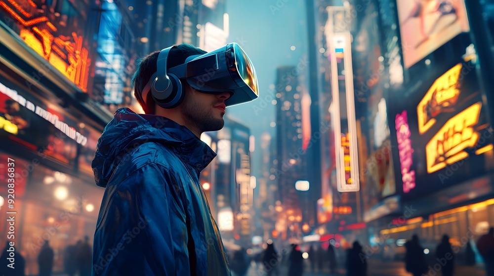 Man wearing VR headset, futuristic technology, busy city street background, early morning light, crisp clear atmosphere, blue jacket, urban landscape, neon signs, skyscrapers. Man wearing VR headset, futuristic technology, busy city street background, early morning light, crisp clear atmosphere, blue jacket, urban landscape, neon signs, skyscrapers.