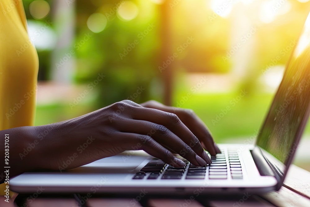 Black Woman Using a Laptop Outdoors in Bright Sunlight, Focused on Work Black Woman Using a Laptop Outdoors in Bright Sunlight, Focused on Work
