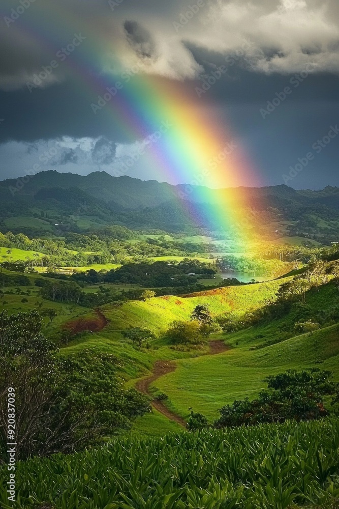 Obraz premium A vibrant rainbow emerging from dark clouds over a lush, green valley.