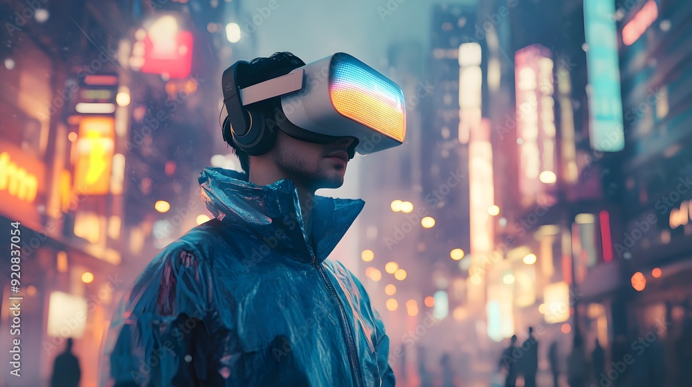 Man wearing VR headset, futuristic technology, busy city street background, early morning light, crisp clear atmosphere, blue jacket, urban landscape, neon signs, skyscrapers. Man wearing VR headset, futuristic technology, busy city street background, early morning light, crisp clear atmosphere, blue jacket, urban landscape, neon signs, skyscrapers.