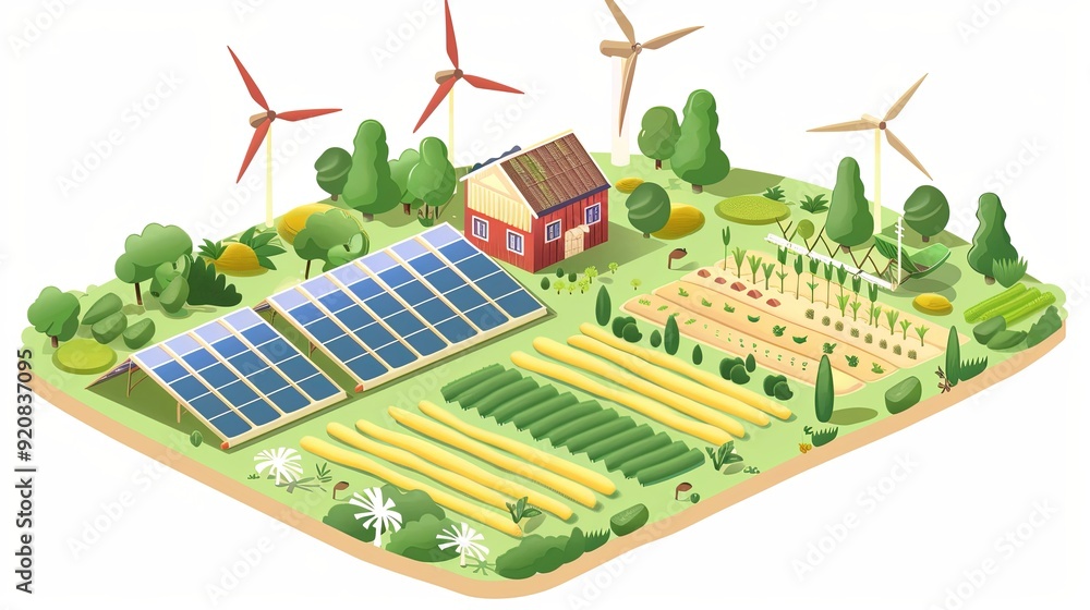 Eco-Friendly Community Farm with Solar Panels and Wind Turbines Illustration on Transparent Background Eco-Friendly Community Farm with Solar Panels and Wind Turbines Illustration on Transparent Background