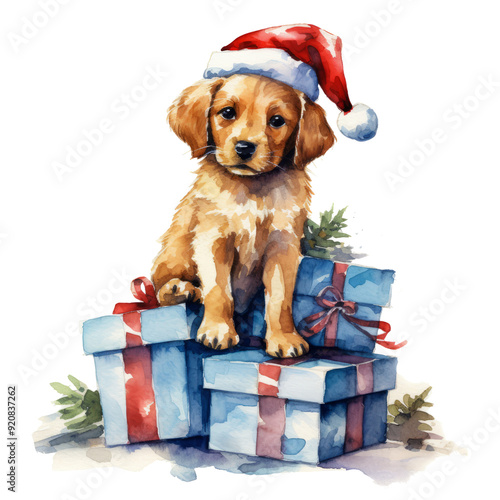 cute adorable watercolor Christmas puppy with red Santa hat and gifts isolated on a transparent background, holiday season, transparent png background,  photo