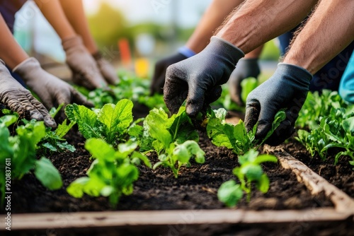 A close-up of multiple hands wearing gloves, working diligently to tend to green leafy plants in a well-maintained garden bed, representing teamwork and nurturing nature. photo