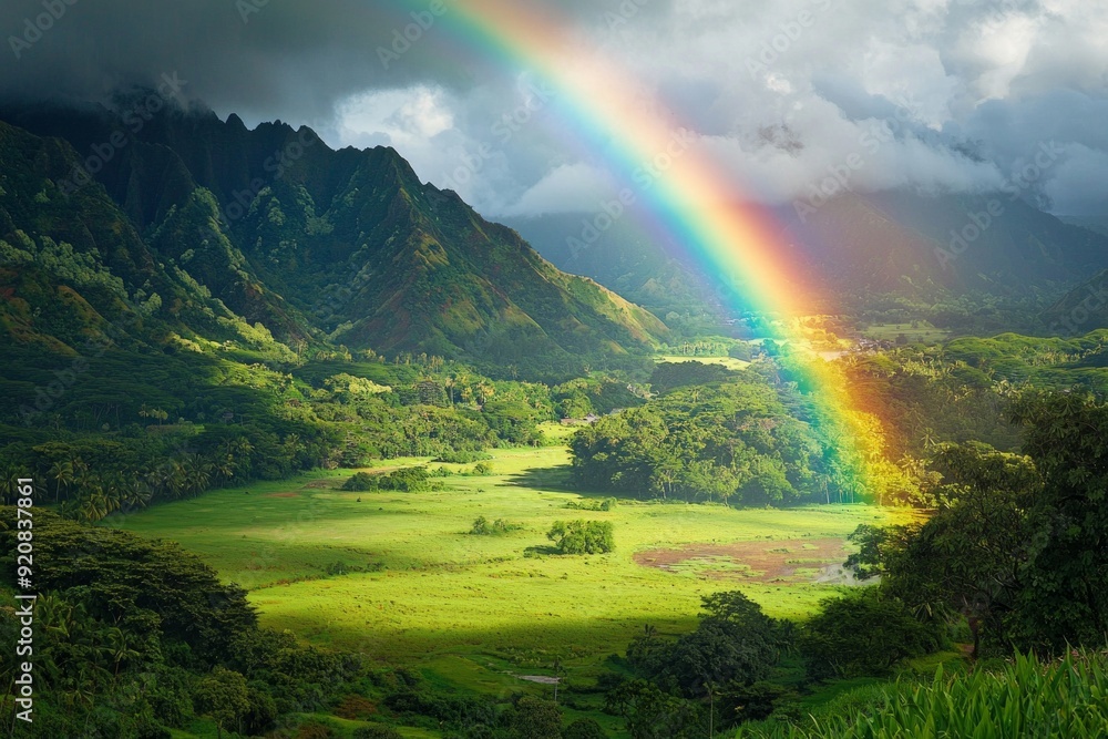 A vibrant rainbow emerging from dark clouds over a lush, green valley. A vibrant rainbow emerging from dark clouds over a lush, green valley.