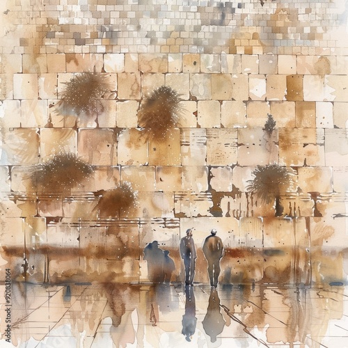 Sacred Western Wall Prayer Moment in Jerusalem Watercolor Painting