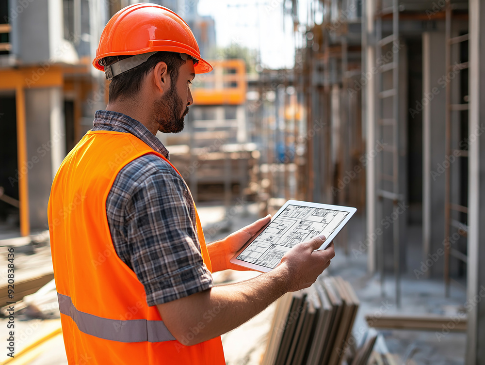Construction worker in an orange safety vest and helmet examining digital plans on a tablet at a construction site. Construction worker in an orange safety vest and helmet examining digital plans on a tablet at a construction site.