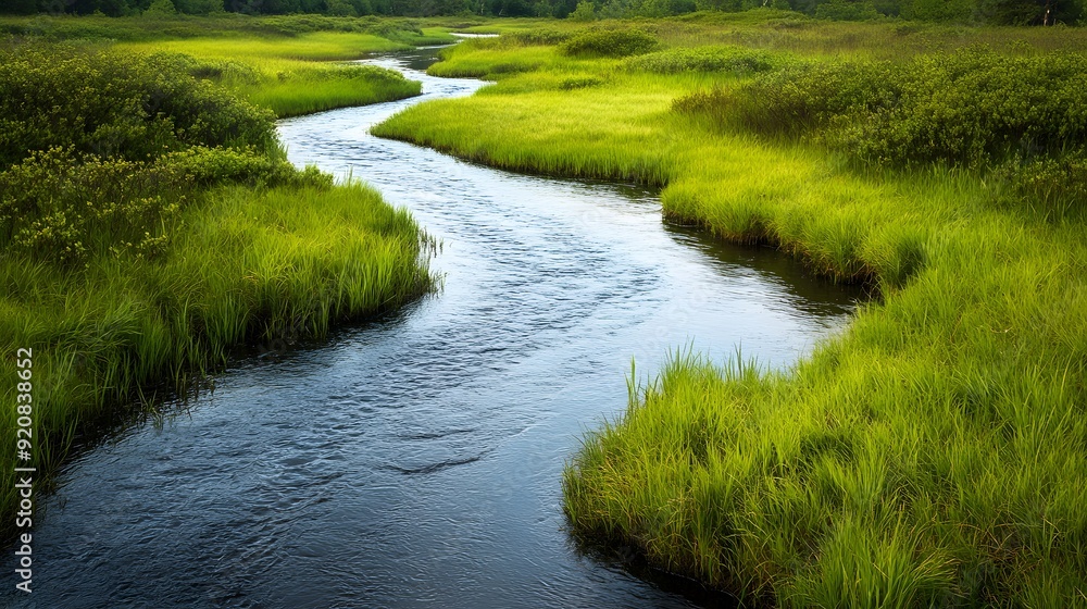 Fluid water streams weaving through vibrant wetlands, symbolizing natural motion Fluid water streams weaving through vibrant wetlands, symbolizing natural motion